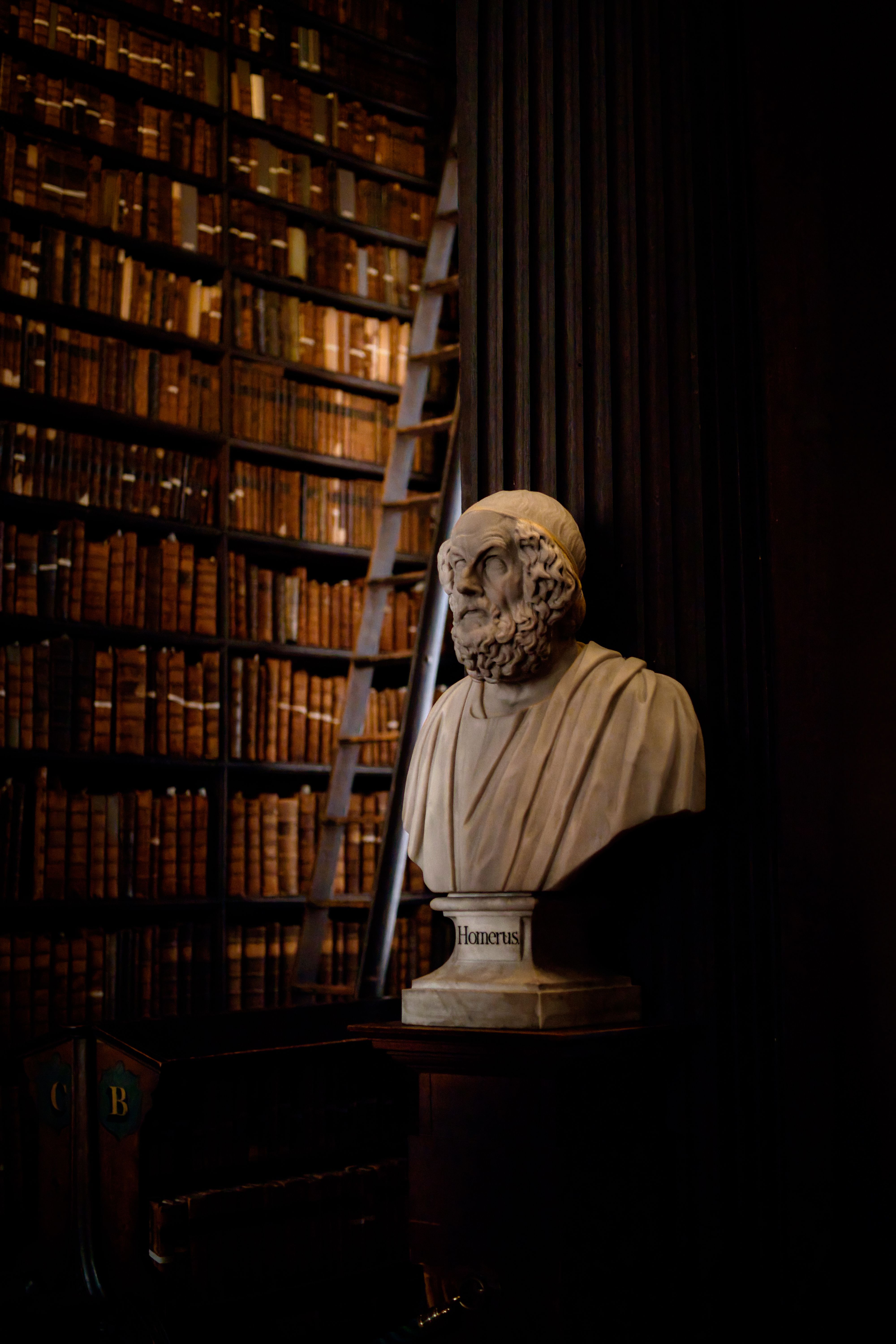 Bust of historical figure in a vintage Dublin library setting.