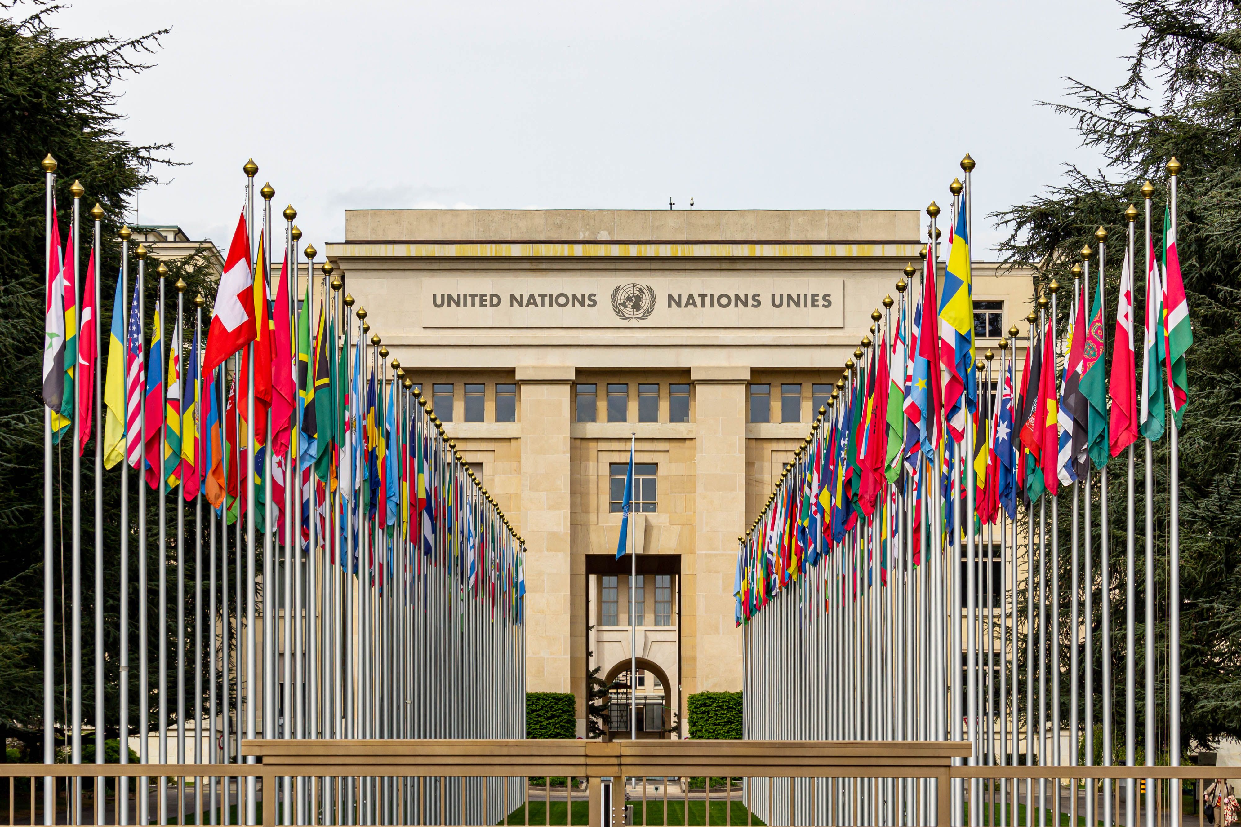 View of the United Nations Office in Geneva adorned with flags of various countries.  More info  Share